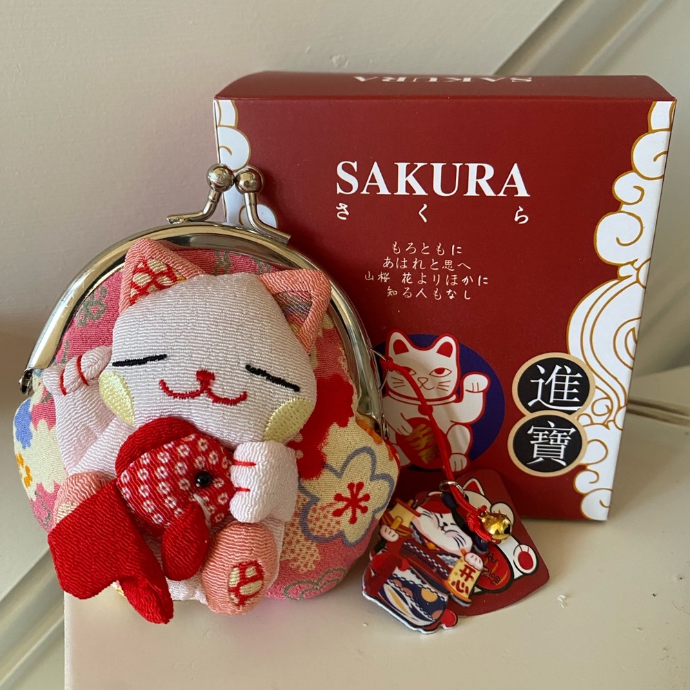 Sakura Red and White Lucky Cat Coin Purse NWT